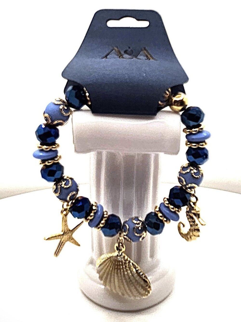 Nautical Charm Bracelet, Blue Beach Bracelet, Gold Seashell Starfish Seahorse